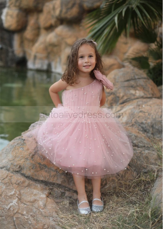 One Shoulder Blush Tulle Pearls Flower Girl Dress One Shoulder Blush Tulle Pearls Flower Girl Dress